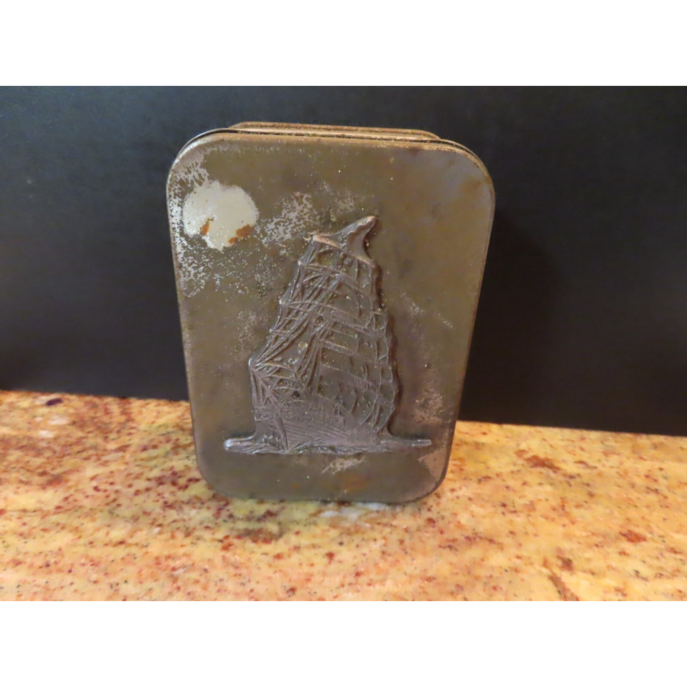 VTG OWEN Sewing Tin Box Metal Hinged Lid Stash Tin Sailboat 3.5”x 4.5” USA 3D